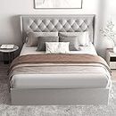 Aykah Velvet Upholstered Tufted Bed with Storage, Low Profile Platform, Metal Bed Frame with High Headboard, Wood Slat Support, Modern Design (King)