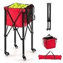 GYMAX Tennis Ball Hopper, Folding 150 Tennis Ball Holder Cart with Carry Bag, Easy Assembly Frame, Removable Bag & 4 Universal Wheels, Portable Durable Tennis Ball Basket for Ball Pickup (Red)
