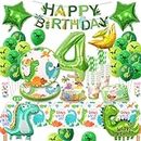 Dinosaur Four 4th Birthday Party Decoration, 99Pcs Dinosaur Theme Party Supplies Includes Dino Banner Plates Cups Napkins Tablecloth Balloons Toppers for Boys Fourth Year Birthday, Serves 16 Guests