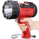 YIERBLUE Rechargeable Spotlight Flashlight with 1000,000 Lumen LED, IP67 Waterproof Long Running Spot Light searchlight, Impact Resistant Handheld Spotlight with Foldable Stand and Detachable Red Lens