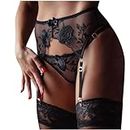 ROSVAJFY Women's Sexy Lace Garter Belt with 4 Adjustable Straps Metal Buckles, See-Through Mesh Suspender Belt High Waist with G-String Thong for Lingerie Stockings (Black)