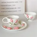Creative Coffee Cup Ceramic Pink Tulip Flower Tea Mug Coffee Afternoon Tea Cup Cake Plate Assiettes