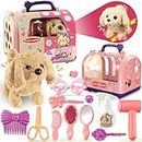 TEUVO Toy Dog for Kids, Walking, Barking, Tail Wag, Plush Dog Toy Pet Care Playset, 14Pcs Realistic Stuffed Puppy Grooming & Cage & Interactive Electric Dog Toys Gifts for 3 4 5 6 Year Old Girls Boy