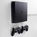 FLOATING GRIP® Wall Mounts for 1x PlayStation 4 SLIM (PS4 SLIM) and 2x controllers (Bundle Package). Color: BLACK. Storage PS4 SLIM and Controllers on the wall right next to your TV. Produced in Europe since 2014.