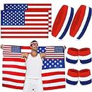8 Pieces American Flag Costume Cape Cloak Sweatbands July 4th Headband Set, 2 Wearable Usa Flag with Sleeves Sports Striped Headband Wrist Sweat Band for Athletic Men Women Independence Day