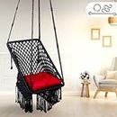 Patiofy Premium Square Swing for Adults for Home/Swing for Balcony/Swing for Kids/Hammock Swing/Hanging Swing Chair/Swing for Garden/Includes Red Square Cushion & Hanging Kit/150Kg Capacity-Black