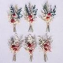 Mini Dried Flower Bouquet Set of 6, Pampas Grass Boho Wedding Table Centerpieces,Boutonniere for Men,Dry Flowers,Personalized Bridesmaid Gift Box,Small Bottles Decoration.(Rose)
