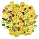 KINGOZOYI Monedas de Oro Pirata, Juguete de Pirata Cofre del Tesoro para Cumpleaños Infantiles Fiestas Temáticas Piratas - 100 Monedas y 50 Gemas