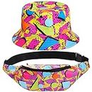 80s 90s Fanny Pack Bucket Hat Set for Women Men Neon Waist Bag 90s Hat Retro Casual Outfit for 1980s/1990s Costume, Multicolor, one size, 80 90's Neon Style