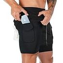 Superora Mens Running Gym 2 in 1 Sports Shorts Breathable Outdoor Workout Training Shorts with Pockets Black XL
