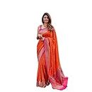 BE4ME.COM Women's Pure Lichi Silk Indian Wedding Wear kanjeevaram Saree with UnStitched Blouse Piece (Orange)