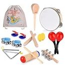 Boxiki kids Musical Instrument Set 16 PCS Rhythm & Music Education Toys for Kids. Includes Clave Sticks, Shakers, Tambourine, Wrist Bells & Maracas for Kids. Natural Toys with Carrying Case