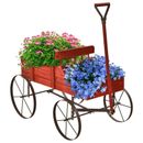 Wooden Wagon Flower Planter Pot Stand Bed W/Wheel Home Garden Yard Outdoor Decor
