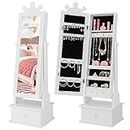 Costzon Kids Jewelry Armoire Cabinet, 45” Standing Jewelry Organizer with Full-Length Mirror, 3 Storage Drawers, Kids Vanity Dress Up Mirror Jewelry Cabinet for Girls (White)