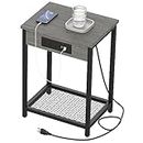 YBING End Table with Charging Station, Nightstand with USB Ports and Power Outlets for Living Room, 2-Tier Bedside Table for Bedroom with Storage Shelves, Dark Gray