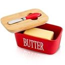 TERXA Butter Box | Ceramic Butter Container Storage Tray | Butter Dish with Wooden Lid & Knife | Butter Keeper Holder | for Home/Kitchen | Fridge Dishwasher Safe Box (Pack of 1,Multicolor)