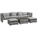 Outsunny 7 Pieces PE Rattan Garden Sofa Set Patio Furniture Set with Glass Table, Stools, Cushions, Pillows, for Outdoor Balcony, Mixed Grey