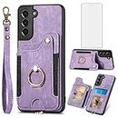 Phone Case for Samsung Galaxy S21 5G 6.2 inch Wallet Cover with Tempered Glass Screen Protector and Wrist Strap Lanyard RFID Credit Card Holder Ring Stand Cell Accessories S 21 21S G5 Women Men Purple