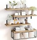 4+1 Tier Floating Shelves, Rustic Wood Wall Mounted Shelf, Bathroom Shelves Over Toilet with Wire Storage Basket, Farmhouse Wall Decor for Bedroom, Kitchen, Living Room and Plants (Rustic Brown)