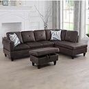 97" W Sectional Sofa with Chaise, Flannel Modular Sectional Sofa, Modular Couch with Storage Ottoman, L Shaped Sofas & Couches U Shaped Sectional Couches for Living Room Furniture Sets, Espresso