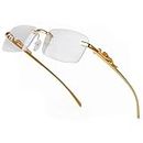 Vintage Small Narrow Rimless Square Gold Wire Metal Frames Unisex Trendy 90’s Hip Hop Retro Luxury Leopard Arms Frameless Glasses Rectangle Designer Clear Lens Eye Glasses For Men And Women, Gold,