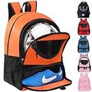 TRAILKICKER Mesh Basketball Soccer Bag Backpack - Sports Volleyball Bag with Ball & Shoe Compartment for Boys Girls Kids Man Women Basketball Soccer Equipment Bag All Sports Venue - Orange