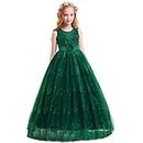 Flower Girl Tutu Dress Princess Short Puff Sleeve Maxi Floral Ruffle Long Pageant Wedding Formal Party Ball Gown, Green, 8-9 Years