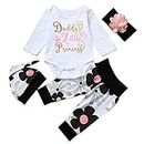 i-Auto Time Cute 4PCs Newborn Kids Baby Girl Daddy Little Princess Romper + Flowers Pants + Hat + Headband Outfit Set (0-3 Months)