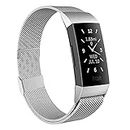 Moydolo Compatible with Fitbit Charge 3 Strap/Fitbit Charge 4 Strap, Men Women Stainless Steel Metal Adjustable Magnetic Lock Loop Mesh Replacement Band for Charge3/Charge 4/Charge 3 SE, Large Silver