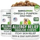 BARK&SPARK Allergy Relief Dog Treats - Omega 3 + Pumpkin + Enzymes - Itchy Skin Relief - Seasonal Allergies - Anti-Itch & Hot Spots - Immune Supplement - Made in USA - 240 Bacon Flavor Chews
