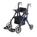 Elenker 2 in 1 Rollator Walker & Transport Chair, Folding Wheelchair Rolling Mobility Walking Aid with Seat Belt, Padded Seat and Detachable Footrests for Adult, Seniors (Blue)