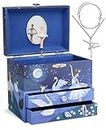 Jewelkeeper Ballerina Jewelry Box - Music Box for Girls - Little Girls Wooden Jewelry Set of 3 with Ballerina Bracelet and Necklace - Swan Lake Tune - Blue Glitter Design - 17.1 x 11.4 x 14.9 cm