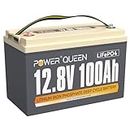 Power Queen 12V 100Ah LiFePO4 Lithium Batterie, 4000-15000 Tiefe Zyklen Batterie gebaut in 100A BMS, 1280Wh Power Source Support Serie/Parallel, perfekt als Notstrom für Wohnmobile, Boote