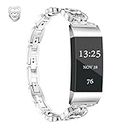 JOMOQ Compatible Band Strap for Fitbit Charge 3 SE & Charge 4 Women Men Steel Replacement Wristbands Adjustable Metal Bracelet Band With Rhinestone for Charge 3/3 SE & Fitbit Charge 4 (Heart-Silver)