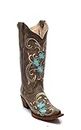 CORRAL Women's L5255 Floral Embroidery Boots, Brown/Turquoise, 8.5