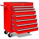 vidaXL Steel Workshop Tool Trolley - Red, Organise Tools, 7 Sliding Drawers, Robust Countertop, Mobile with Brakes