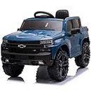Kidzone 12V Battery Powered Licensed Chevrolet Silverado Trail Boss LT Kids Ride On Truck Car Electric Vehicle Jeep with Remote Control, MP3, LED Lights - Blue
