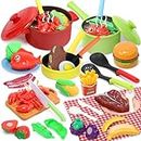 CUTE STONE Kids Play Kitchen Accessories Toy, Colorful Pots and Pans Playset W/ Cooking Utensils, 32PCS Pretend Cutting Play Food Set, Educational Learning Cookware Gift for Boys Girls