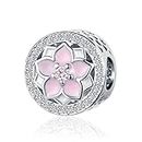 SBI Jewelry Pink Magnolia Flower Charm for Bracelet Crystal Bead Charm Gift for Mom Wife Best Friend Birthday