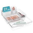 Vtopmart 27 PCS Clear Plastic Drawer Organizers Set, 5-Size Bathroom and Vanity Drawer Organizer Trays, Acrylic Storage Bins for Makeup, Kitchen Utensils, Gadgets, Large Size Office Desk Organizers