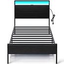 Rolanstar Bed Frame with USB Charging Station, Twin Bed Frame with LED Lights Headboard, Platform Bed with Strong Metal Slats, Under Bed Storage Clearance, No Box Spring Needed, Noise Free