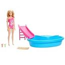 Barbie Puppe und Zubehör - Pool mit Rutsche und Accessoires für stundenlanges Spielvergnügen in der Sonne, pinkfarbener Badeanzug mit tropischem Design, für Kinder ab 3 Jahren, HRJ74