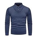 Mens Knitted Tops Mens Autumn Fake Two Clothes Knitwear Mens Stretch Solid Colour Gentleman Knit Jumper Mens Business Button Front Long Sleeve Jumper Work D-Navy XXL
