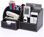 Firelex Office Desk Organizer with Drawer - PU Leather Pen Pencil Holder Office Supplies Caddy for Cell Phone Business Name Cards Remote Control - Desktop Storage Box for Office Home School (Black)