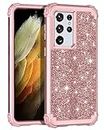 LONTECT for Galaxy S21 Ultra 5G Case Heavy Duty 3 in 1 Hybrid Sturdy High Impact Shockproof Protective Cover Glitter Sparkle Bling Case for Samsung Galaxy S21 Ultra 5G 6.8 2021, Shiny Rose Gold