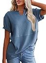 SHEWIN Tops for Women Trendy 2024 Waffle Knit V Neck Summer Top Short Sleeve Tee Shirt Oversized Tshirts for Women Loose fit,US 20-22(2XL),Blue