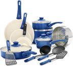 GreenLife 16 Pc Ceramic Cookware Set Healthy Soft Grip Frypans Blue  