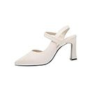 Zapatos sin Cordones Mujer comodos 2024 Winter High Chunky Thick Heel Pumps for Women Square Toe Slingback T-Strap Adjust Buckle Leather Cutout Dress Shoes Work Office White 7