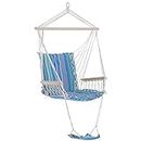 Outsunny Hanging Rope Chair with Soft Padded Seat & Backrest, Portable Garden Hammoc Chair with Wooden Support Bar, Armrests, Cotton Cloth, Footrest, for Patio & Tree, Blue