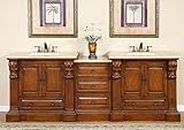 Silkroad Exclusive HYP-0907-T-UWC-95 Travertine Top Large Double Sink Bathroom Vanity with Bath Furniture Cabinet, 95", Medium Wood